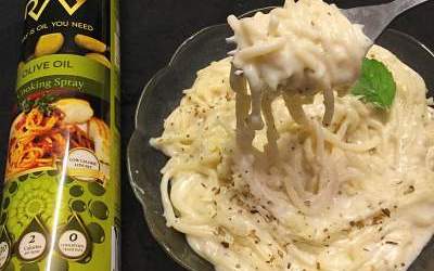 Spaghetti in a white sauce using Ray olive oil cooking spray.